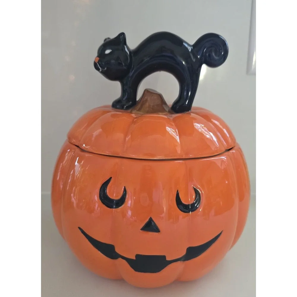 Halloween‎ Jack-o'-lantern Black Cat Cookie Jar Canister Storage New Without Tag